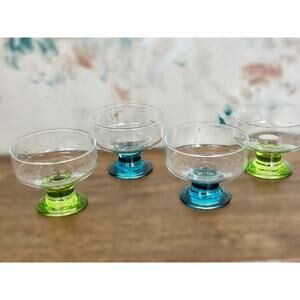 Vintage Color-Stemmed Glass Dessert Coupes – Set of 4 (Green & Blue Stems)
